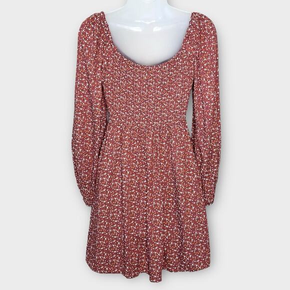 HOLLISTER rust ditsy floral smocked bodice puff sleeve boho dress size medium - Picture 4 of 8